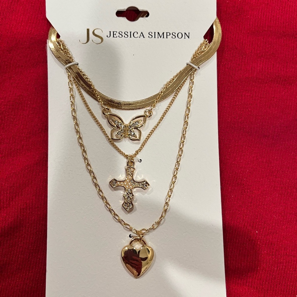 Multi-Layer Jessica Simpson Necklace with ButterflyCrossHeart Pendants